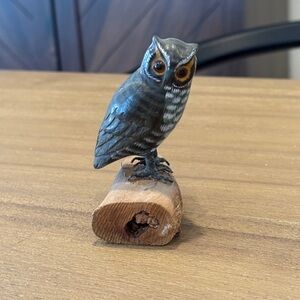 Handcrafted Owl Figurine on Wooden Base